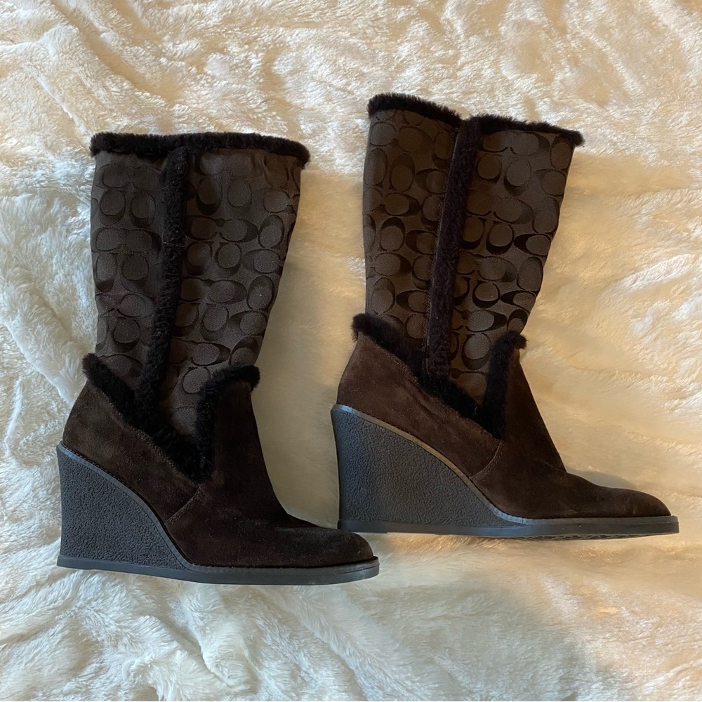 Coach Dark Brown Signature Wedge Boots